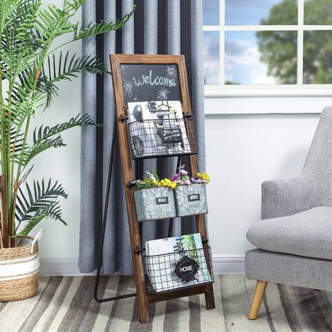 Glitzhome 43"H Rustic Farmhouse Metal Magazine Rack with 4 Baskets and a Chalkboard