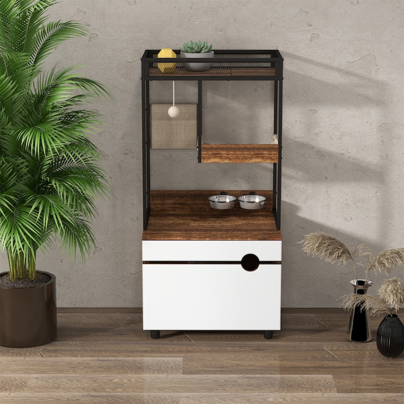 Hidden Cat Litter Box Enclosures with Cat Tree Tower - White+Vintage