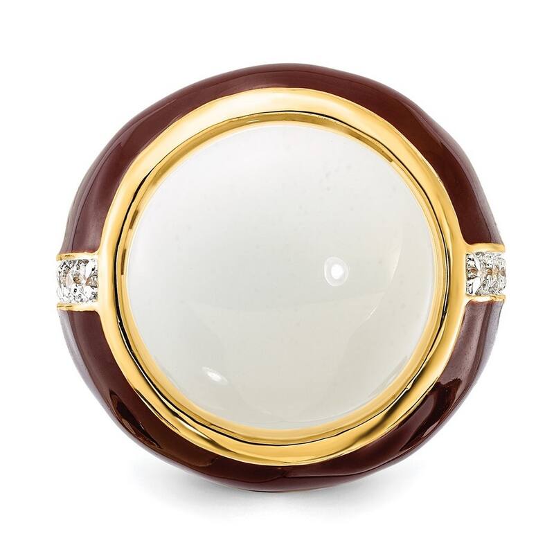 Curata Gold Plated 925 Sterling Silver Brn Enam Simulated Wht Agate and Cubic Zirconia Ring