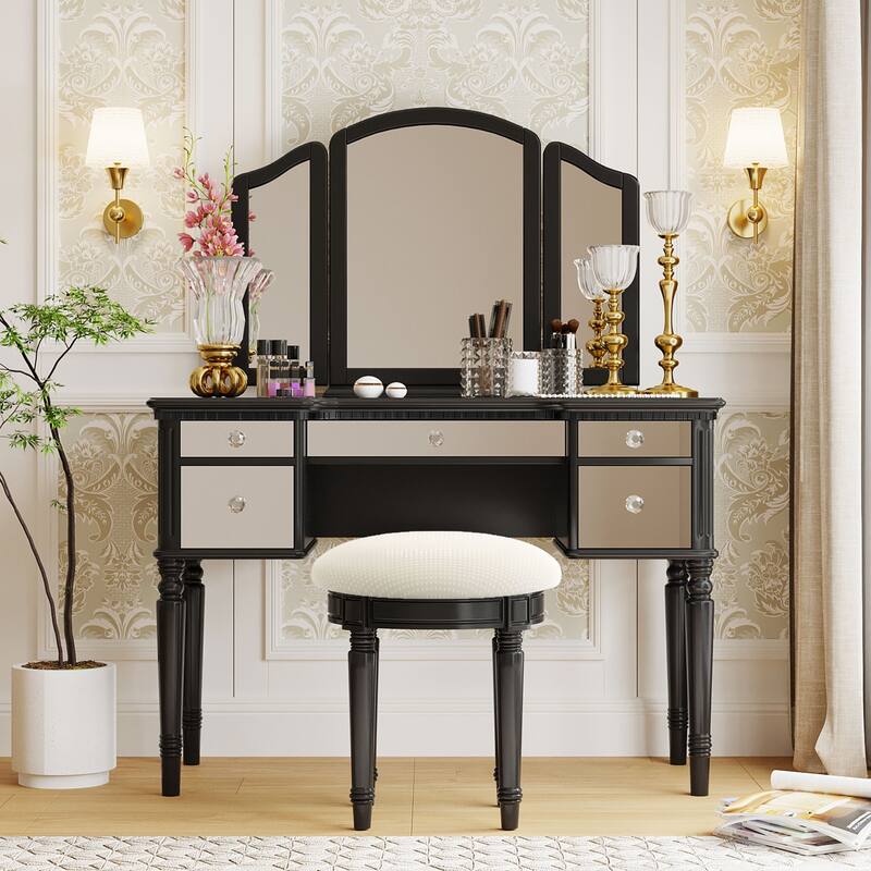 43-Inch Makeup Vanity Set with Adjustable Tri-fold Mirror, Mirrored Drawers, and Soft Cushioned Stool