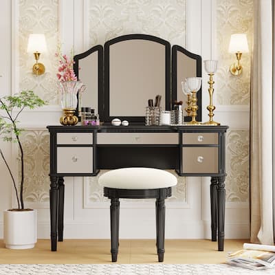 5-drawer Classic Luxurious Comfort Dressing Table Set with Mirrored Drawers and Stool