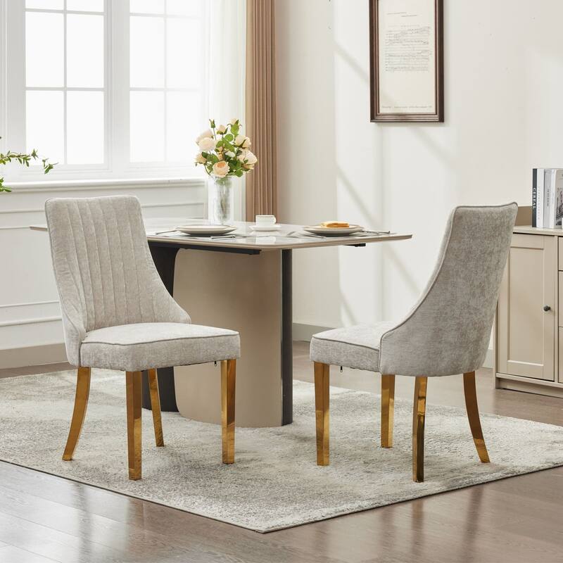Set of 2 Chenille Upholstered Dining Chairs with Golden Steel Legs - Beige