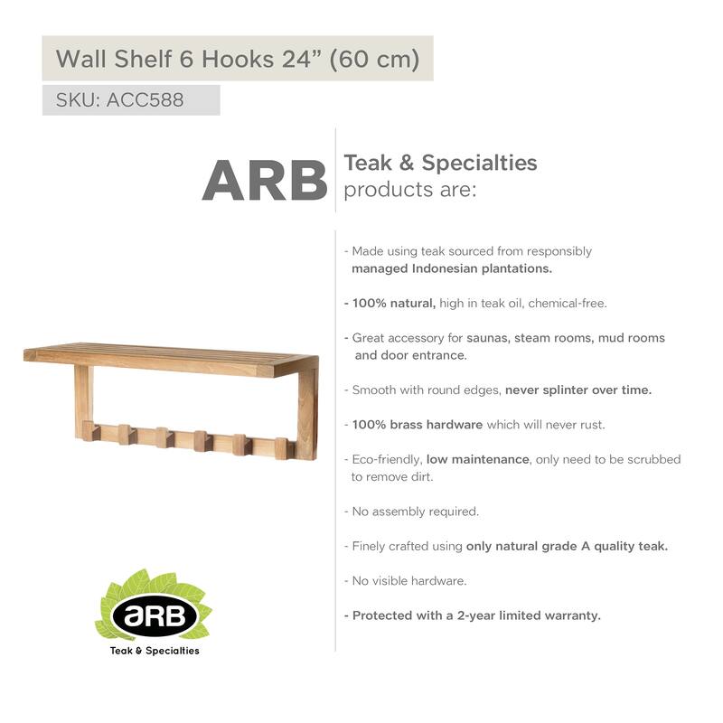 Teak Wall Shelf with 6 hooks