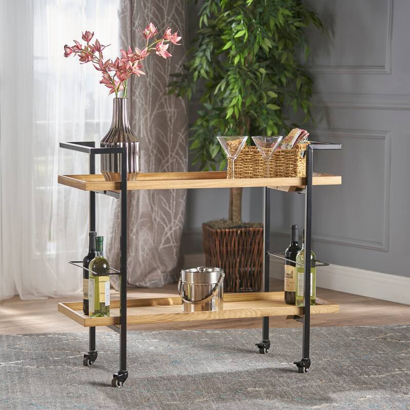 Roomfitters Modern Industrial Bar Cart with Rolling Casters and Wine Bottle Holders, Natural