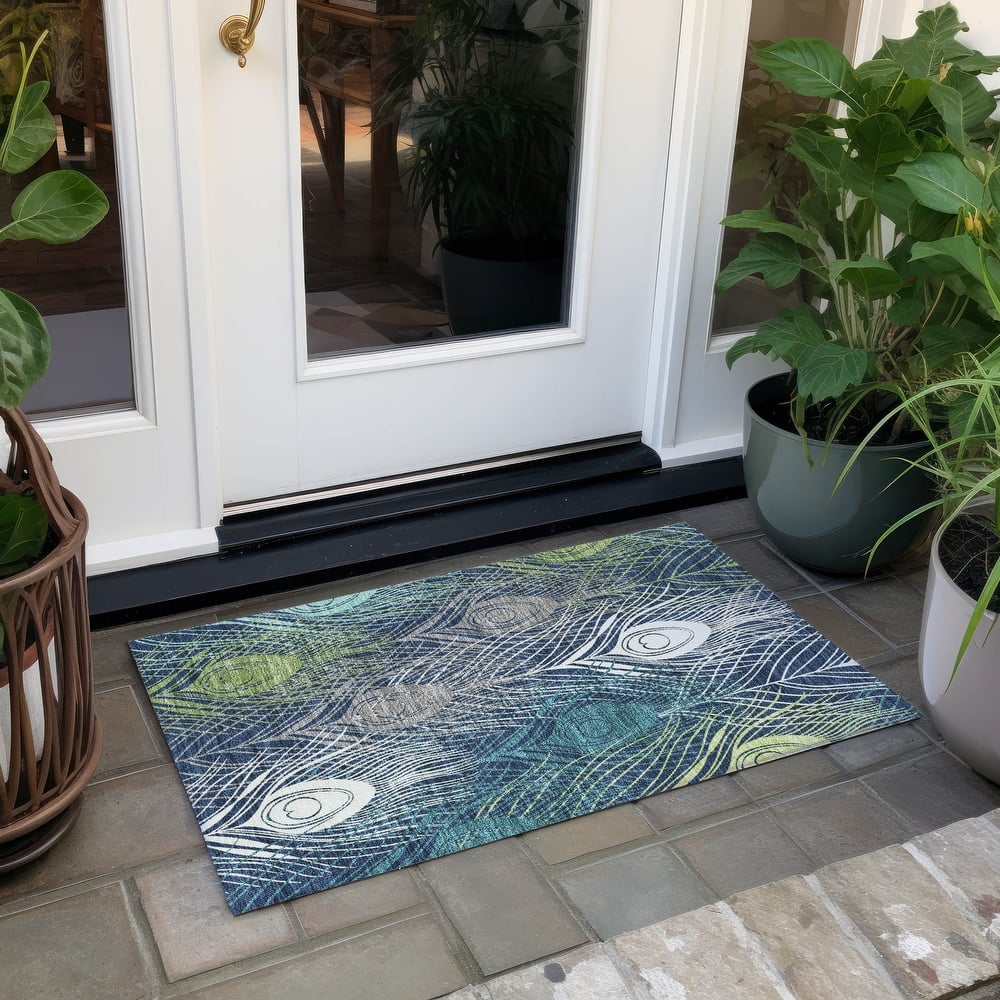 Machine Washable Indoor/ Outdoor Modern Peacock Chantille Rug