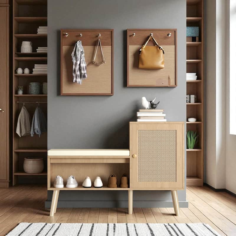 2-in-1 Shoe Storage Bench with Faux Rattan Doors, Adjustable Shelves & Removable Cushion for Entryway or Hallway
