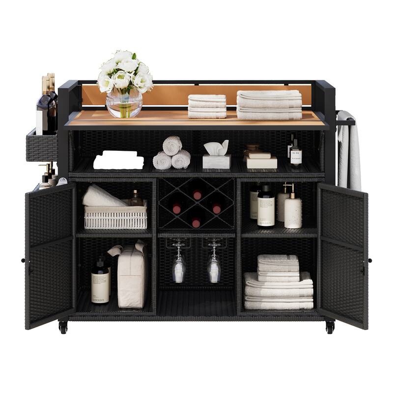 52.8"W Wicker Outdoor Grill cart with Extended Plastic Wood Table Top, Rolling Kitchen Island on Wheels with Storage Cabinet