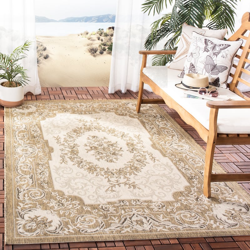 SAFAVIEH Courtyard Berendje Indoor/ Outdoor Waterproof Patio Backyard Rug - 5'3" x 7'7" - Creme/Brown