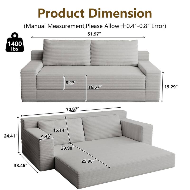 70.87" Corduroy Loveseat Sofa Bed, Modern Deep Seat Sofa in a Box for Small Spaces, No Assembly