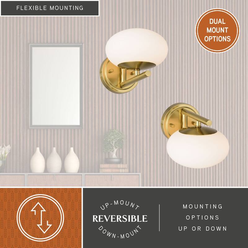 Sloane LED Gold Satin Brass Mid-Century Modern Bathroom Vanity Wall Fixture with White Glass Globes