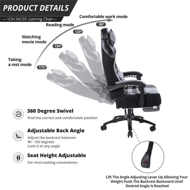Ergonomic Office Chair Adjustable Swivel Recliner with Massage Lumbar Pillow and Retractable Footrest, for Office