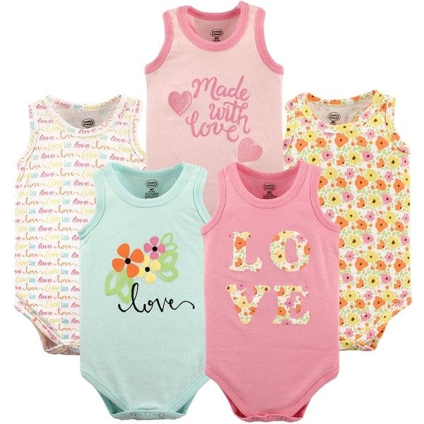 slide 1 of 1, Luvable Friends Baby Girl Cotton Sleeveless Bodysuits 5pk, Love 0-3 Months - Love