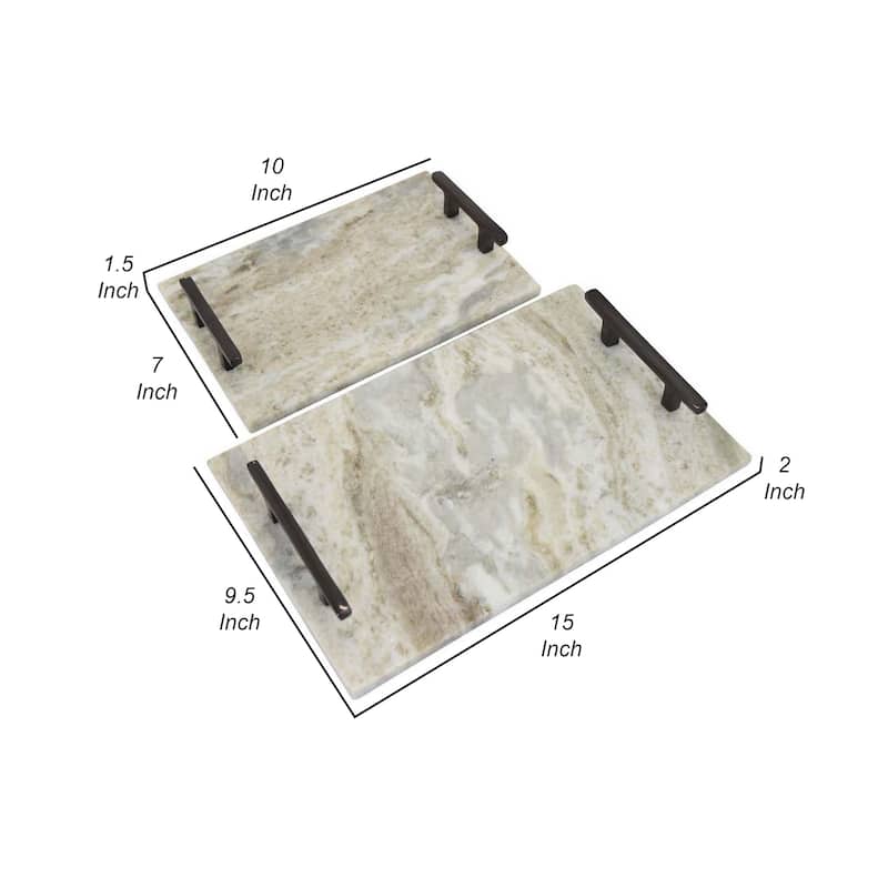 Entro Tray Set of 2, Rectangular Shape, 2 Gold Handles, White Finish Marble