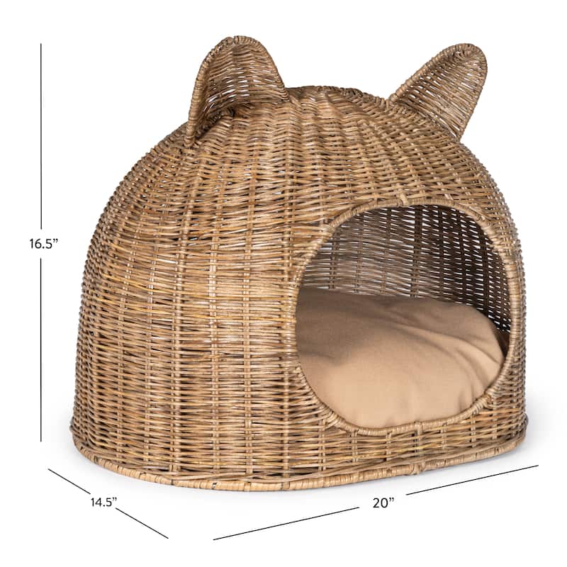 Cat Ear 20" x 14.5" Coastal Handwoven Rattan Cat Bed with Machine-Washable Cushion, Natural