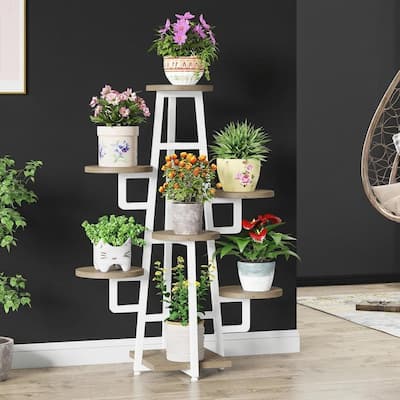 White-Brown Metal & Wood 7-Tier Plant Stand with Space-Saving Design - 11.02" x 9.84" x 43.30"