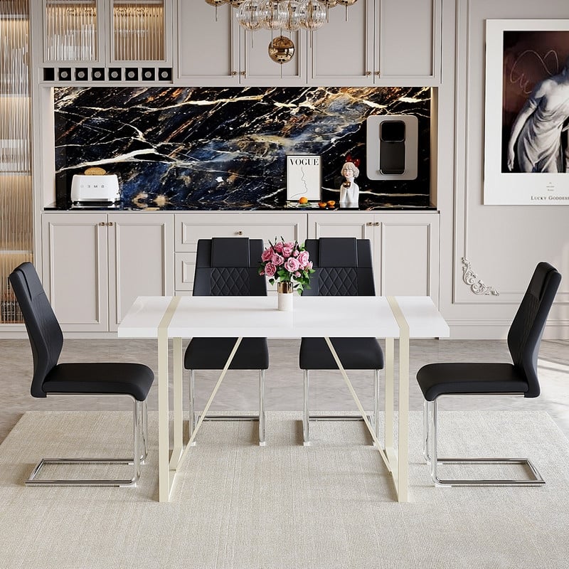 5-Piece Cream White MDF Dining Table Set, with 4 Chairs, Silver Metal Legs, Kitchen Dining Room Set
