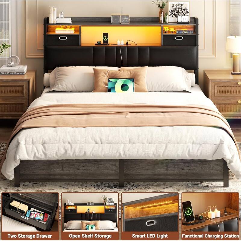 Upholstered Headboard with Drawer Storage and RGB LED Light, Sturdy Headboard with Charging Station ＆ Bookcase