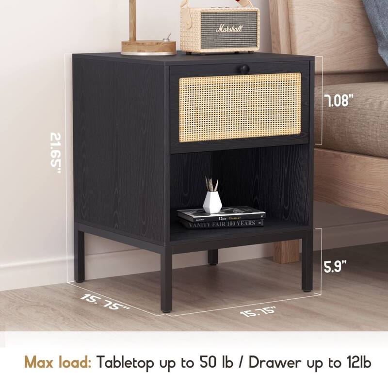 Boho Natural Rattan Nightstand with Drawer Set of 2