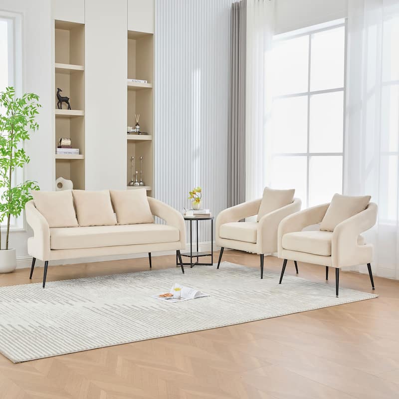 3 Piece Upholstered Velvet Living Room Furniture Set Metal Legs Open Back Charcoal Loveseat 2 Accent Chairs
