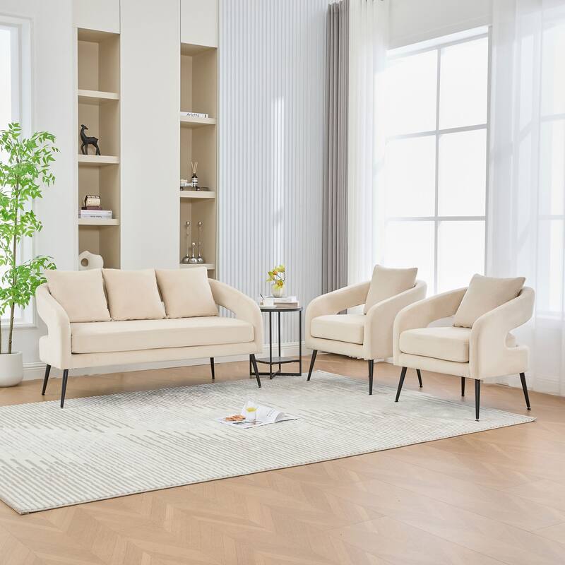 Roomfitters Velvet Living Room Set, 3-Piece Open Back Sofa Conversation Set with Metal Legs for Small Spaces