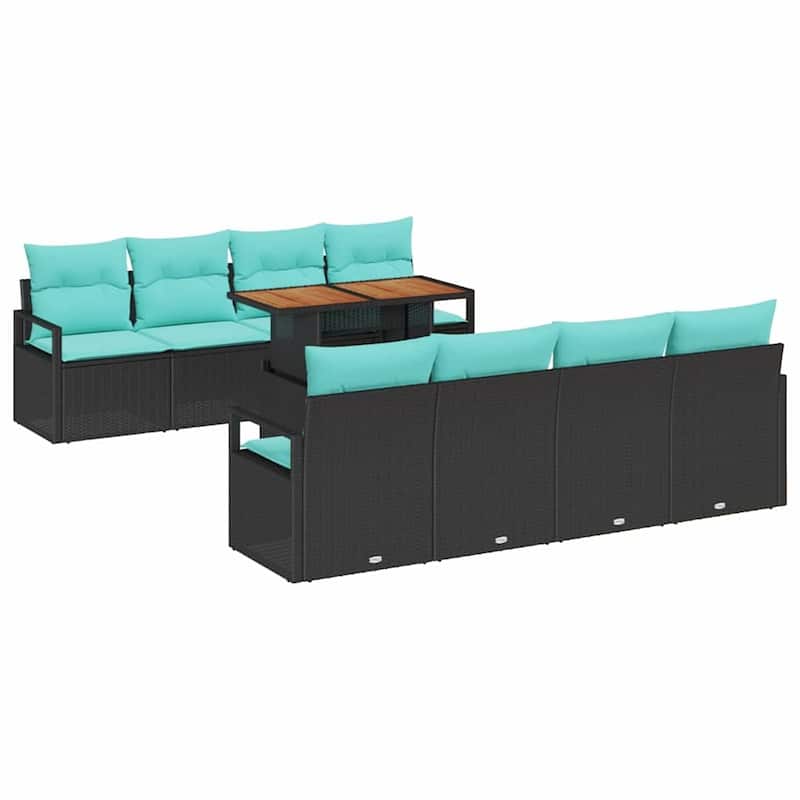 vidaXL 10 Piece Garden Sofa Set with Cushions Black Poly Rattan - 90.6×24.4×27.2