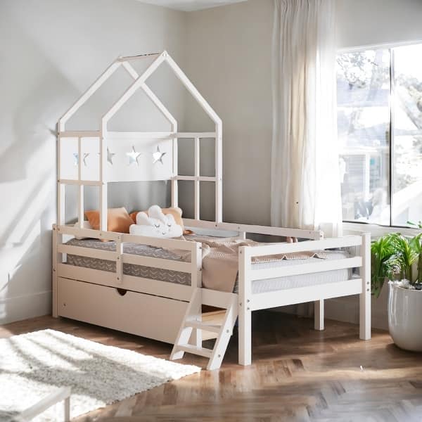 slide 2 of 8, House Play DIY Platform Bed with Guardrail and Drawer for Kids