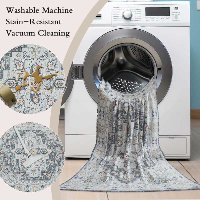 Non-Slip Machine Washable Grey Yellow Cream Multicolor Area Rug