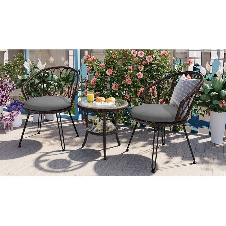 Outdoor Leisure Set, 2 Rattan Single Chairs with A Glass Round Table