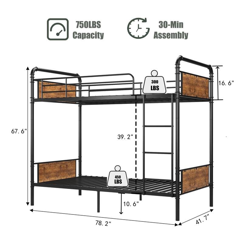 Heavy Duty Twin Size Convertible Bunk Bed with Guardrail & Ladders