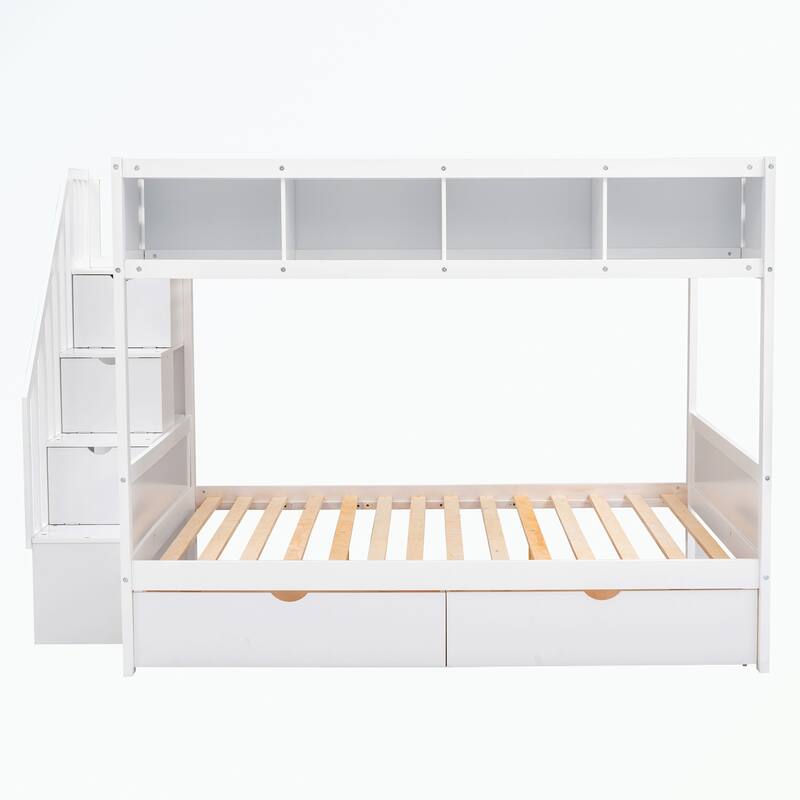 Twin over Full Bunk Bed with Shelfs, Storage Staircase and 2 Drawers - White