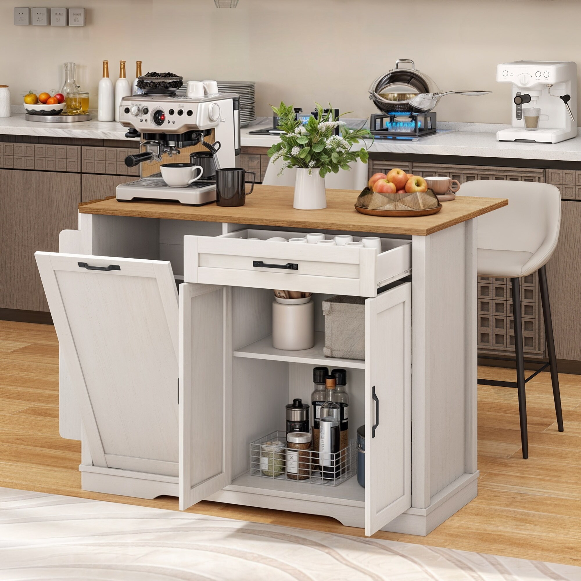 Ginger 59-inch Wide Kitchen Island with 3 Open Shelves and 2 Cabinets