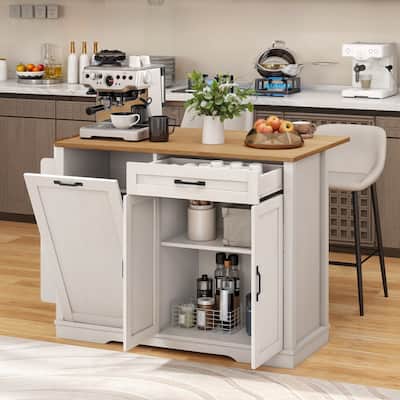 Moasis Rolling Kitchen Island With Trash Can Storage Cabinet