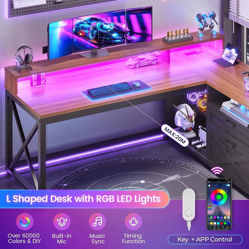 L Shaped Desk 55" Home Office Desk Drawers Storage Shelves