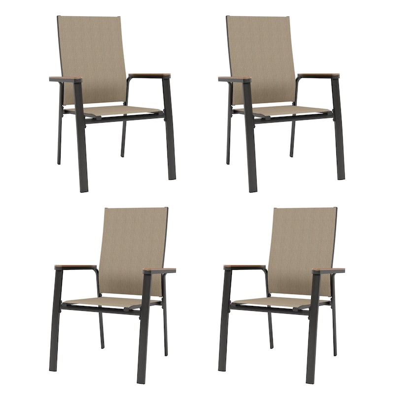 MAISON ARTS 4 Pieces Aluminium Stackable Patio Dining Chairs with Wooden Armest