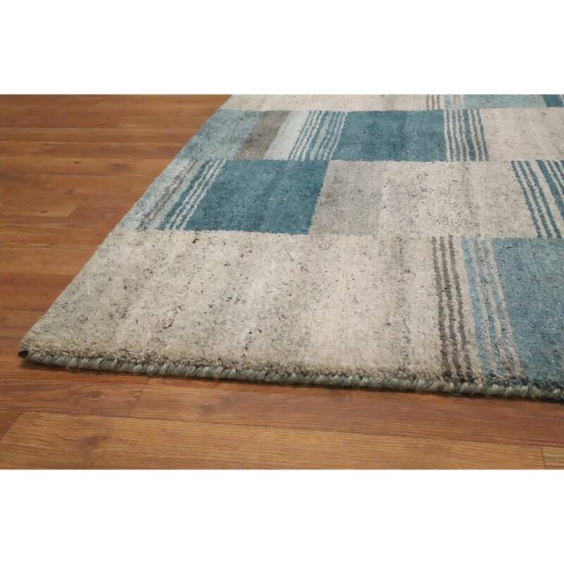 Hand Knotted Oriental 100% Wool Carpet Modern Geometric Navy Blue & Blues Gabbeh Area Rug - 7' 9'' X 5' 6''