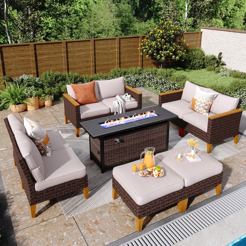 8-Piece Patio Outdoor Wicker Sectional Sofa Set, Large Seating Furniture Conversation Sets with Fire Pit Table - 8-Seat - Type N