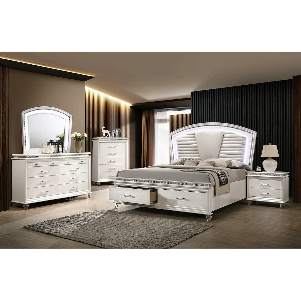 Glam White Upholstered LED Bed Dresser Mirror Nightstand Chest Bedroom Set