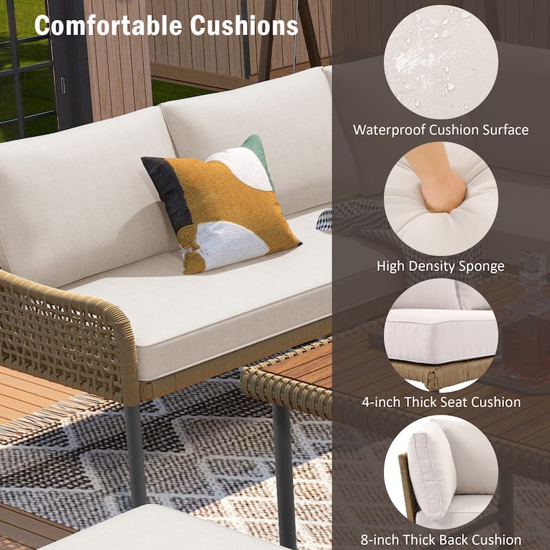 6-Piece Outdoor Sectional Sofa Set with Acacia Wood Table,Ice Box and Rope Benches