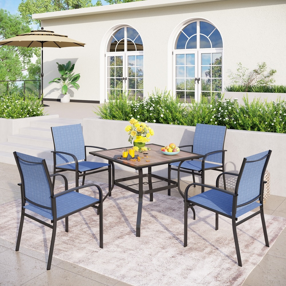 MAISON ARTS 5-Piece Outdoor Dining Set Wood-look Square Table & 4 Textilene Dining Chairs