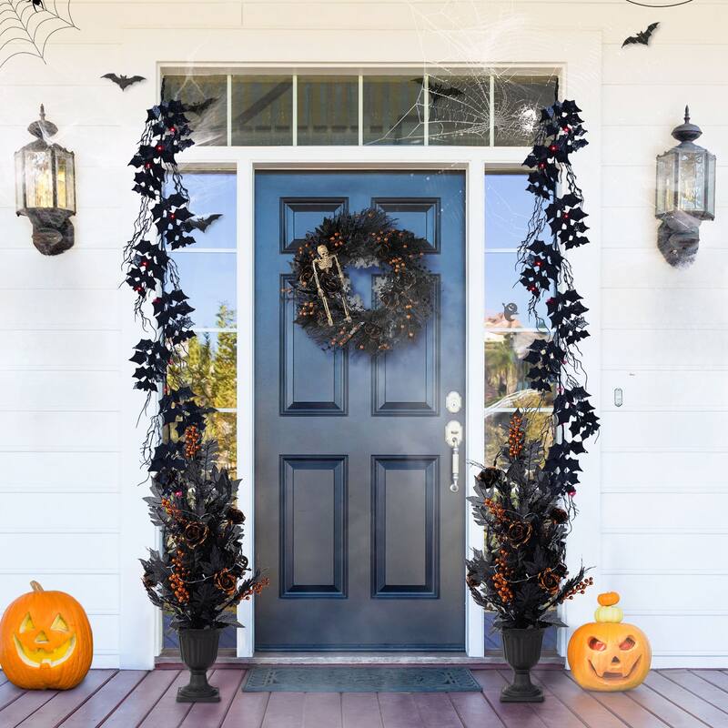 Glitzhome 36"H Halloween Lighted Black Rose Urn Porch Tree with Timer