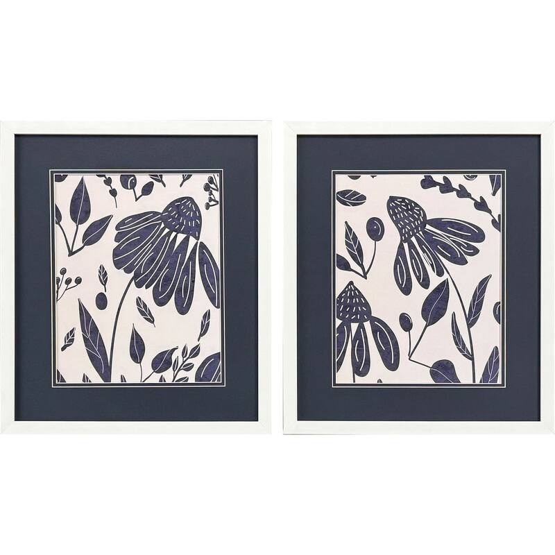 HomeRoots Set Of Two Denim Floral White Framed Wall Art