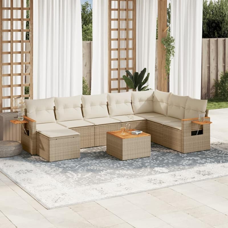 vidaXL Patio Sofa Set with Cushions Outdoor Conversation Furniture Poly Rattan - 21.7 x 21.7 x 14.6 in - Beige and cream with table