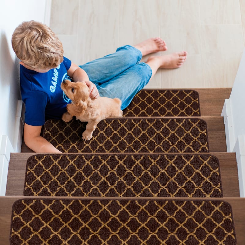 Beverly Rug Non Slip Stair Treads with Anti-Skid Rubber Backing, Trellis Design, 8.5''x 26'' - Set of 15 - Brown