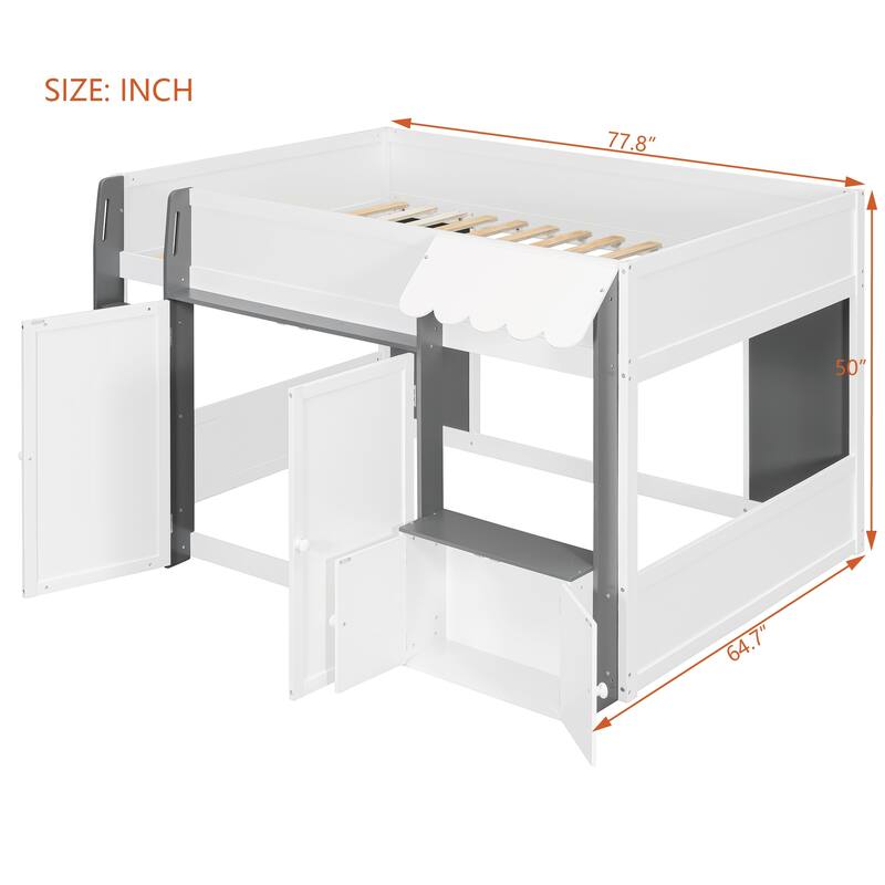 Roomfitters Full Loft House Bed with Playhouse and Storage Cabinets, Modern Wood Cabin Sleeper