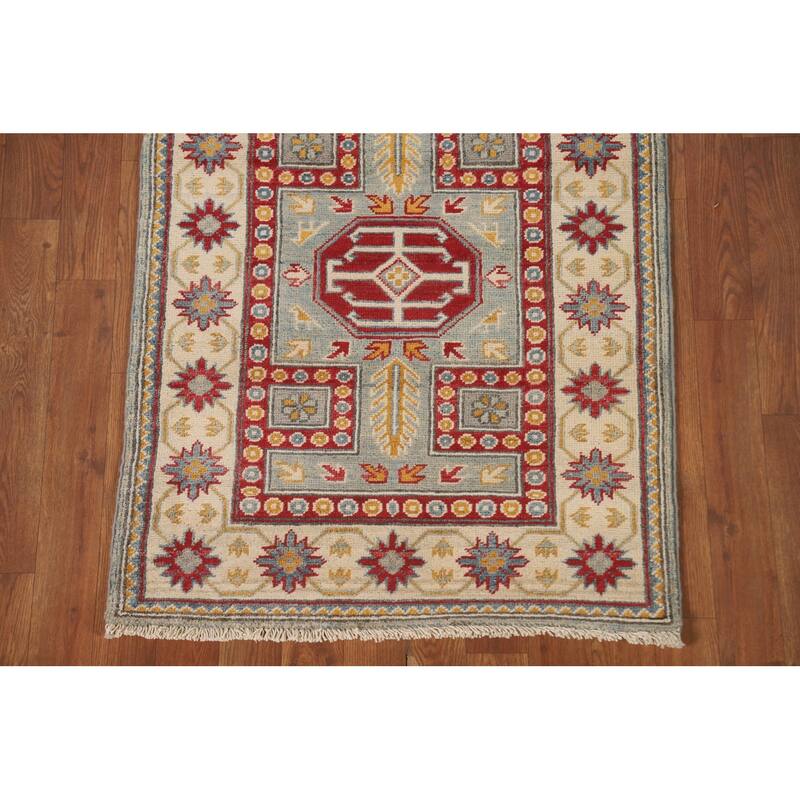 Geometric Kazak Runner Rug Handmade Traditional Blue Wool Carpet - 2'8" x 13'6"