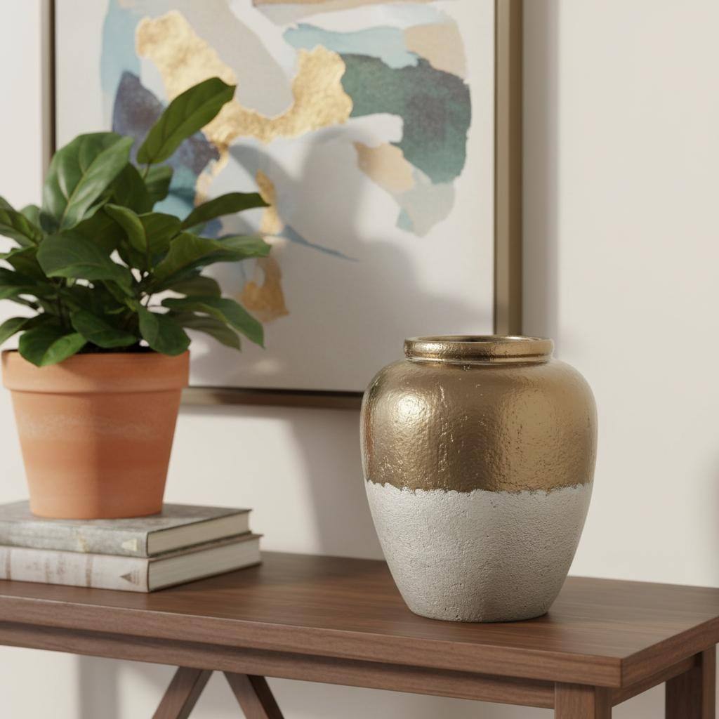 16" Antiqued Bronze And Light Gray Color Block Ceramic Round Jug Vase - 8.50