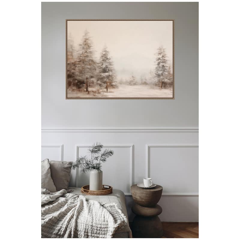 Kate and Laurel Sylvie Beaded Warm Neutral Winter Forest Landscape Framed Canvas by The Creative Bunch Studio