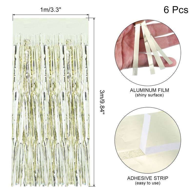 6 Pack 29x108 Inch Light Gold Metallic Foil Fringe Tinsel Table Skirts - Light Gold - Light Gold