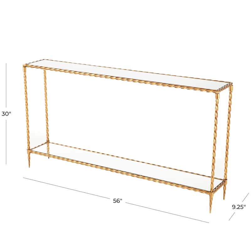 Gold Metal Twisted Rope Inspired 1 Shelf Console Table with Mirrored Glass Top and Shelf