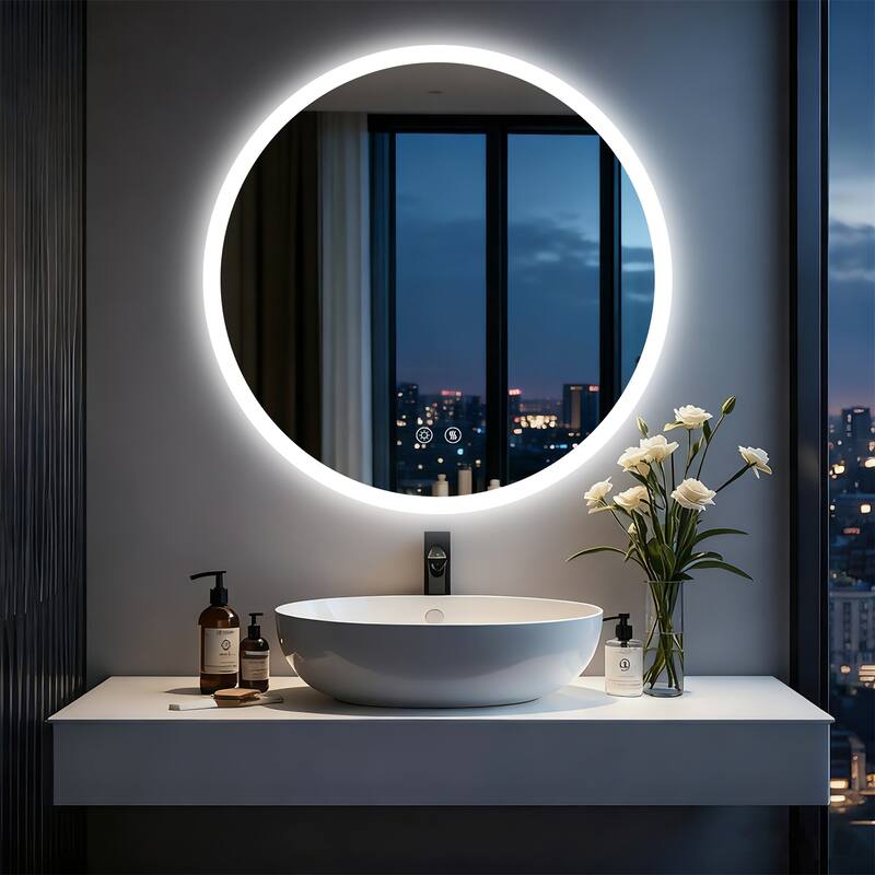 Backlit Round LED Lighted Bathroom Mirror Smart Touch Anti-Fog Wall Makeup Mirror with Aluminum Frame - 32" x 32"